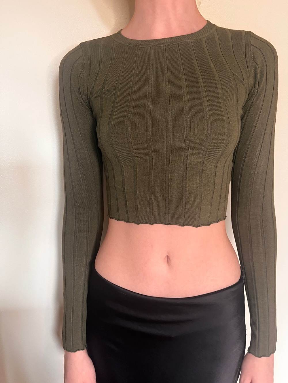 Garage Olive Green Ribbed Long Sleeve Top